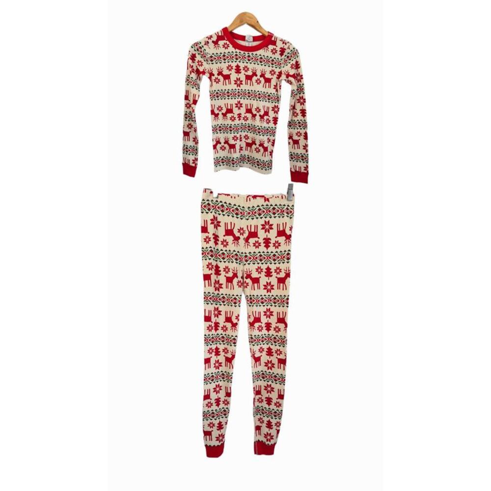 Hanna Andersson Kids Pj Pajama Set White Red Reindeer Theme Pattern Crew Neck To